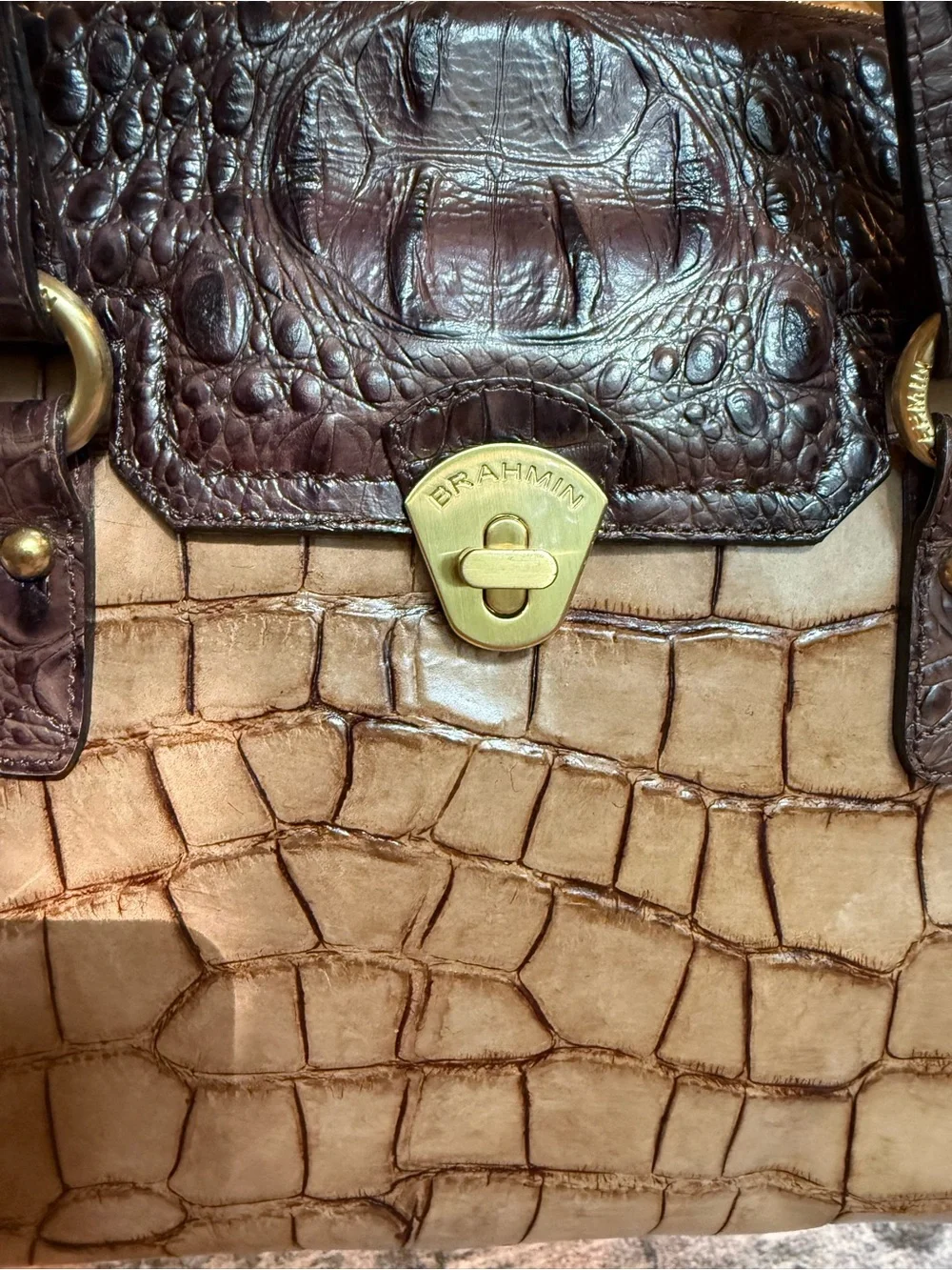 Women's Two-Tone Croc-Embossed Tote Bag in Brown and Tan